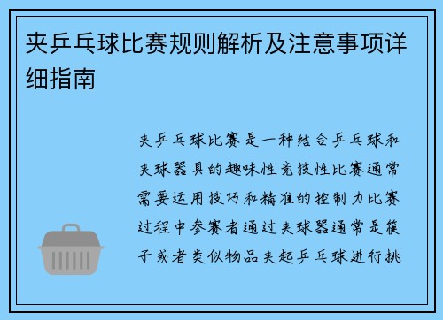 夹乒乓球比赛规则解析及注意事项详细指南